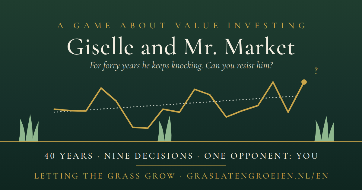 Giselle and Mr. Market: a game about value investing, with a price chart that swings around true value