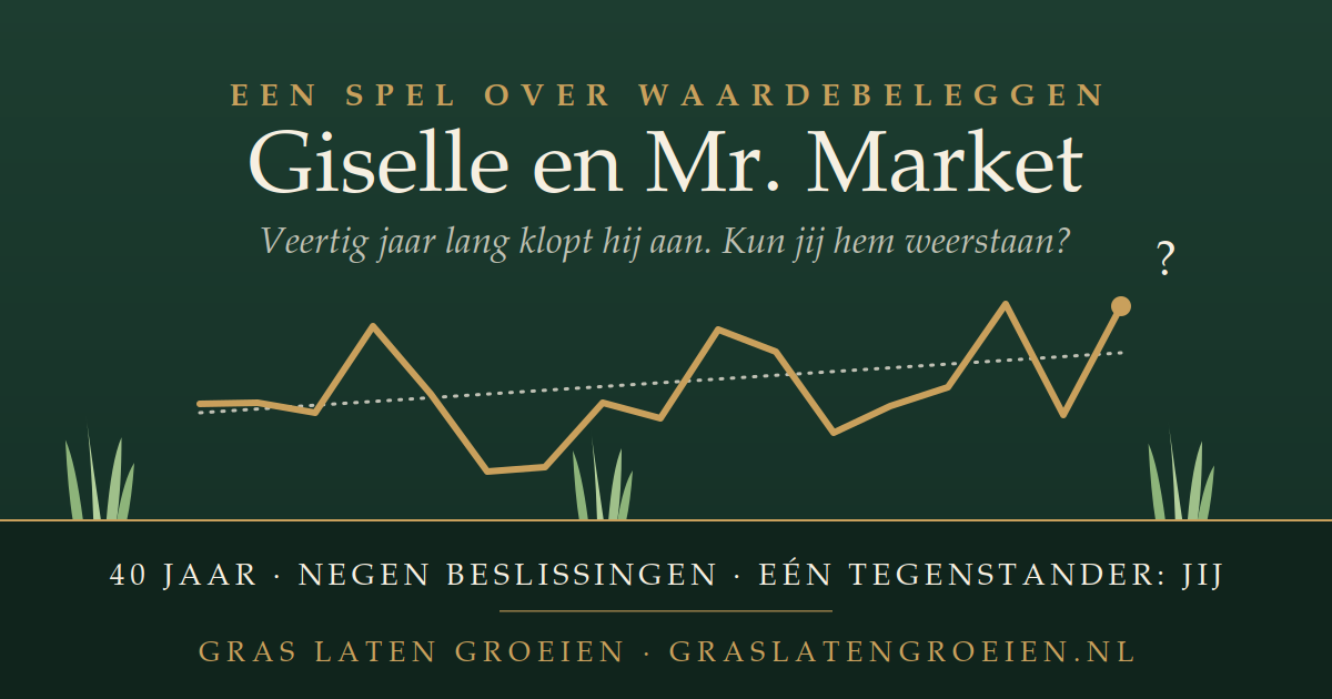 Giselle en Mr. Market: een spel over waardebeleggen, met een koersgrafiek die om de werkelijke waarde heen beweegt